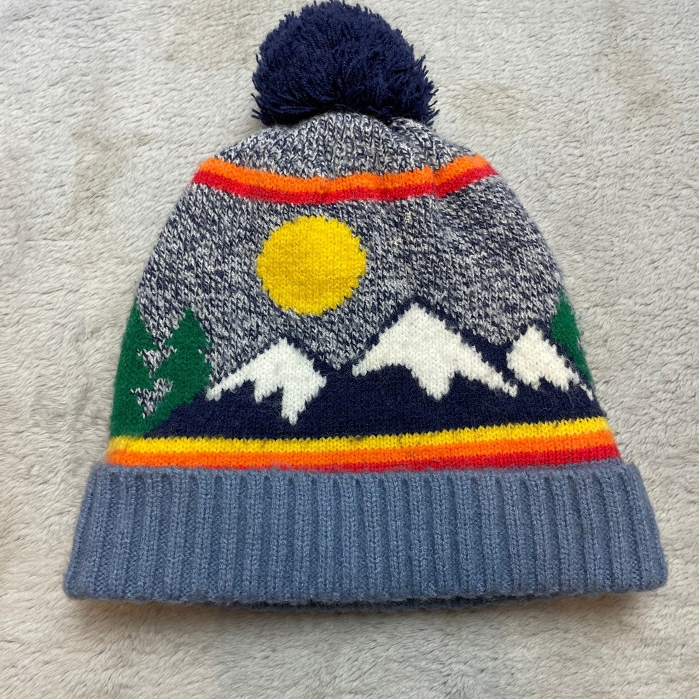 Target Kids Mountain Beanie Size OS Blue Knit Pom Pom Fleece Lined Outdoor Hat